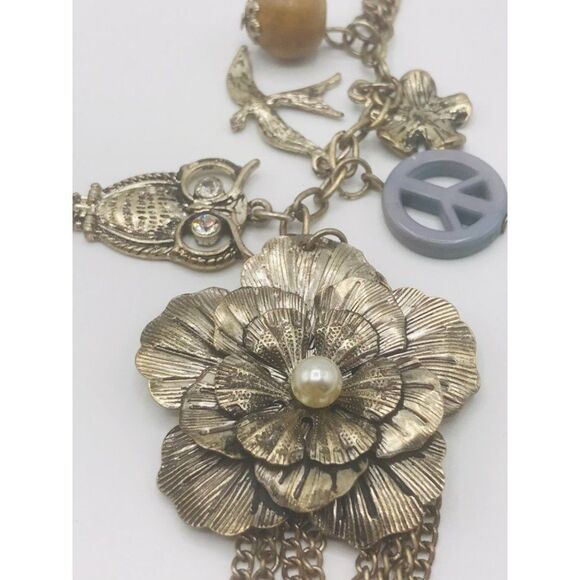 Matte silver boho flower faux pearl owl rhinestone bird wood bead peace tassel - Picture 4 of 6